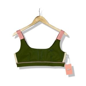 AYDA Square Performance Sports Bra Olive Green Beige Pink Logo Straps Size Large